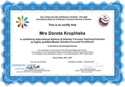 Dorota Krupińska - Master Solution-Focused Practitioner – certyfikat trzeciego stopnia IASTI – Praktyk Specjalista Podejścia Skoncentrowanego na Rozwiązaniach